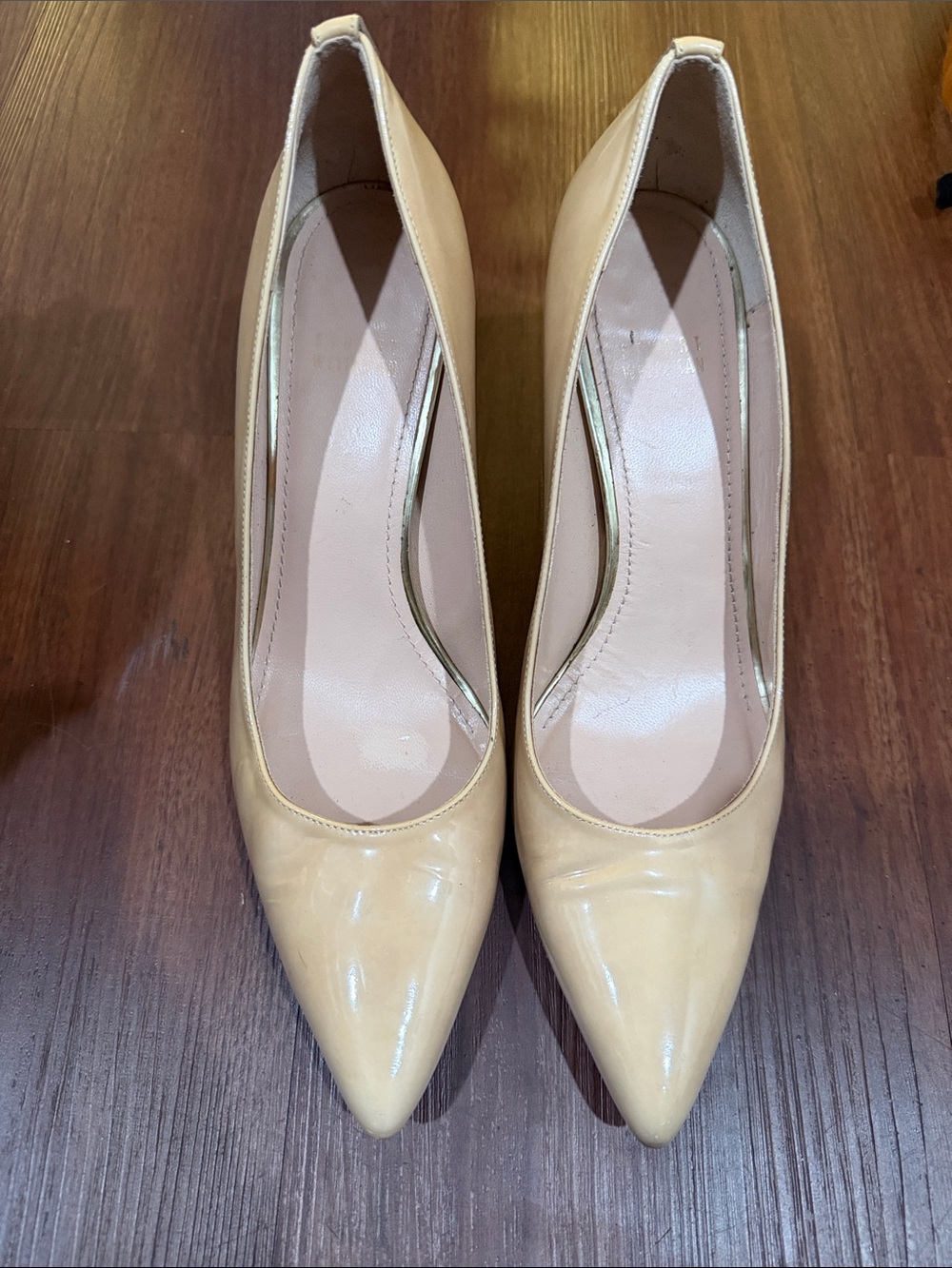 Stuart Weitzman Nude Patent Pointed Toe Pumps